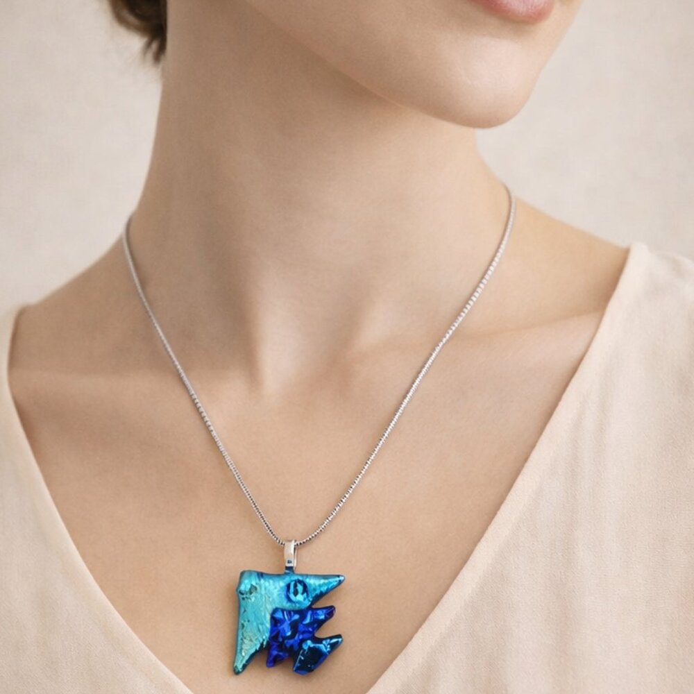 Blue Dichroic Glass Angelfish Pendant Necklace Iridescent Artisan Art Glass